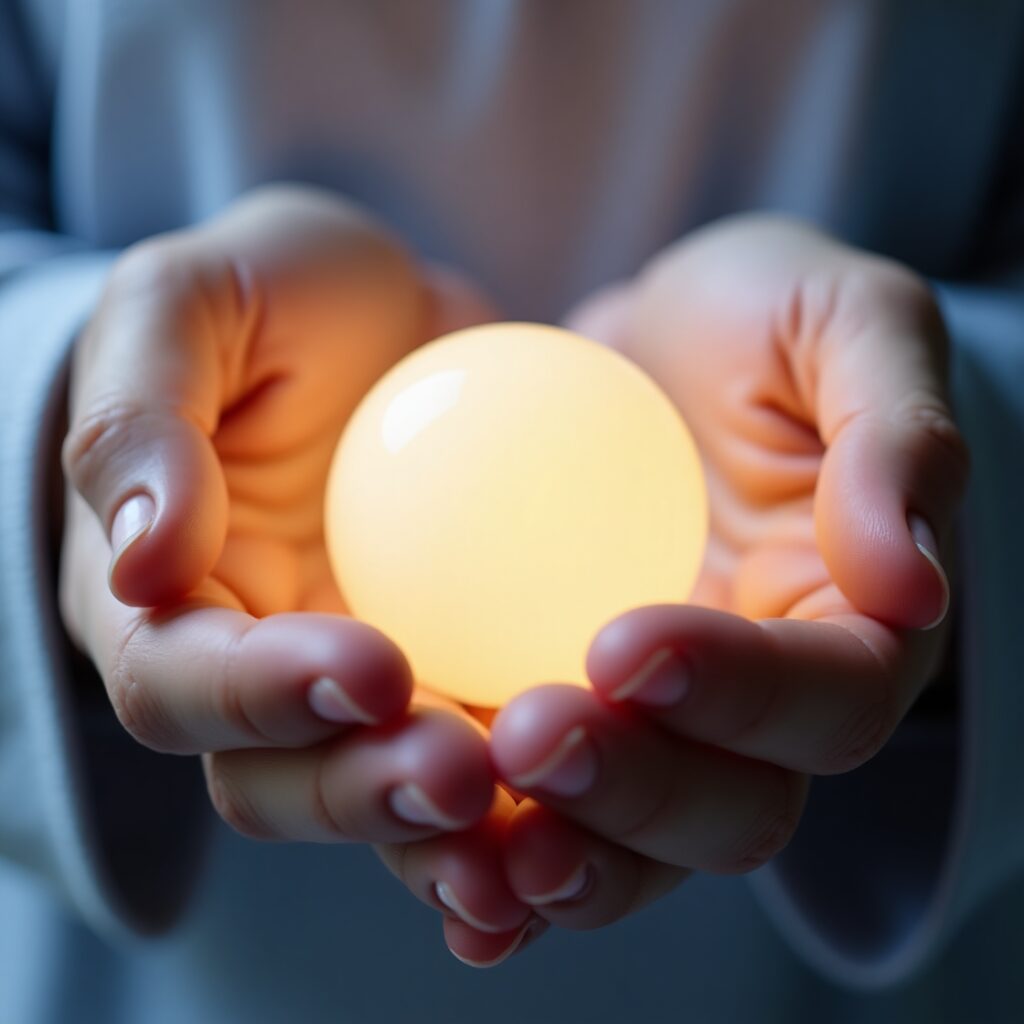 Hands holding a glowing light orb.