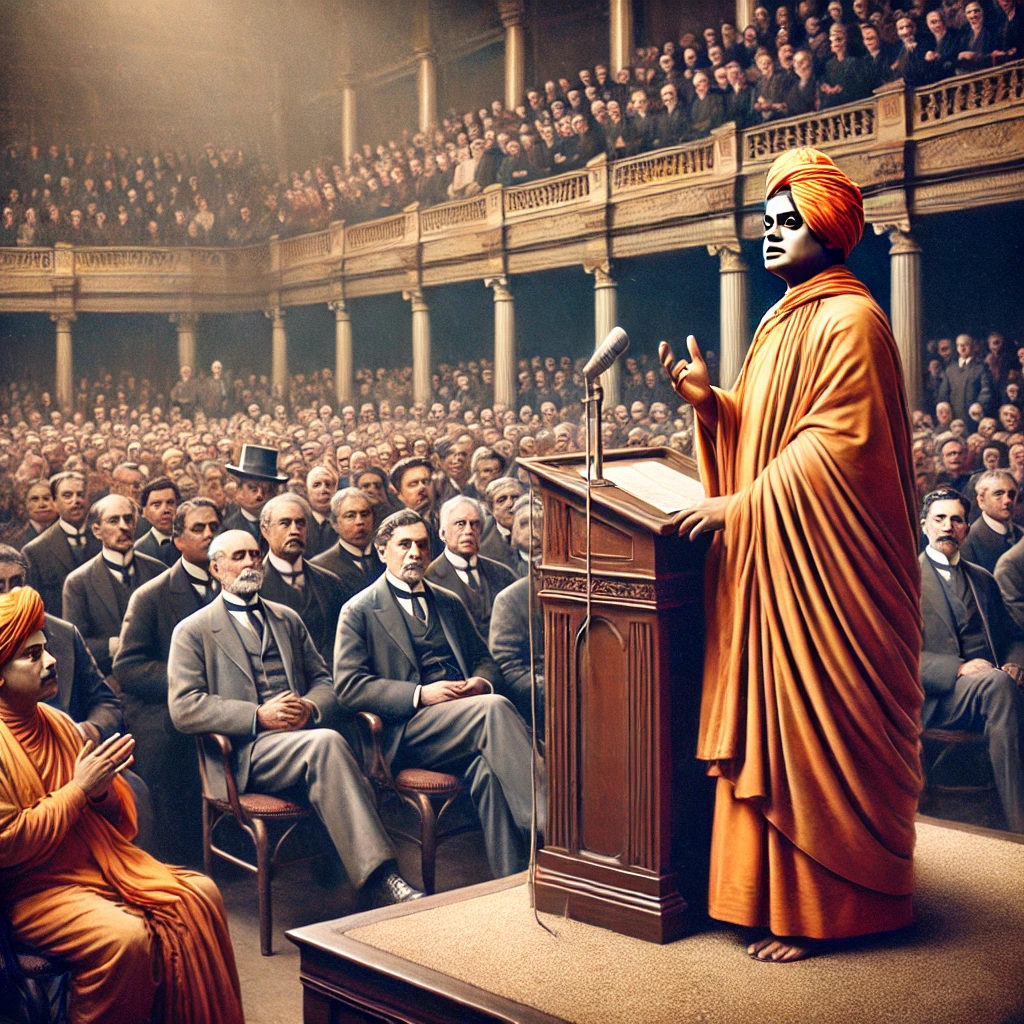 Swami Vivekanada giving speech at the Parliament of the World's Religions in Chicago in 1893