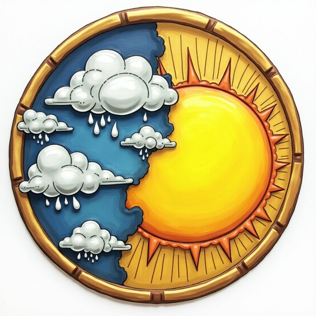 Two sides of a coin—one side with storm clouds (symbolizing challenges) and the other with sunshine (representing gratitude), showing the balance between acknowledging struggles and focusing on the good.