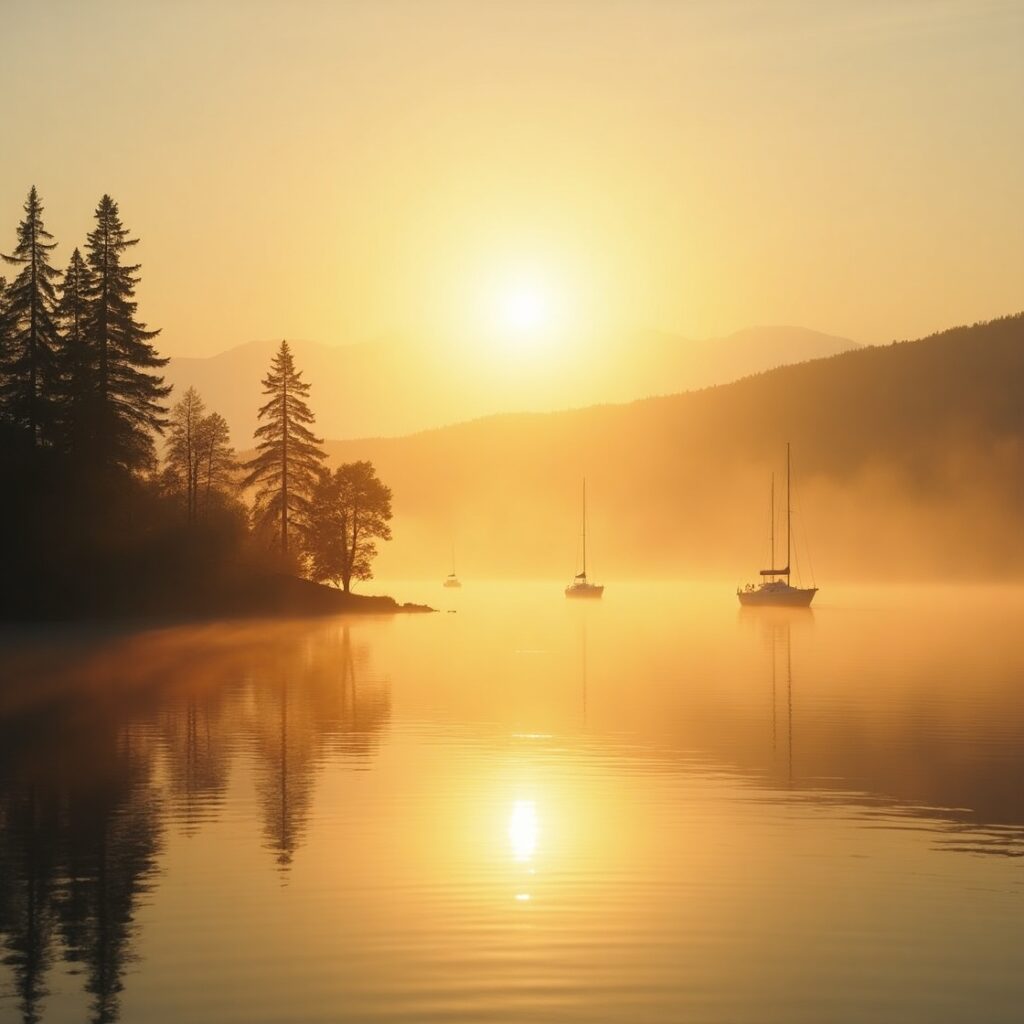A serene sunrise over a calm lake,