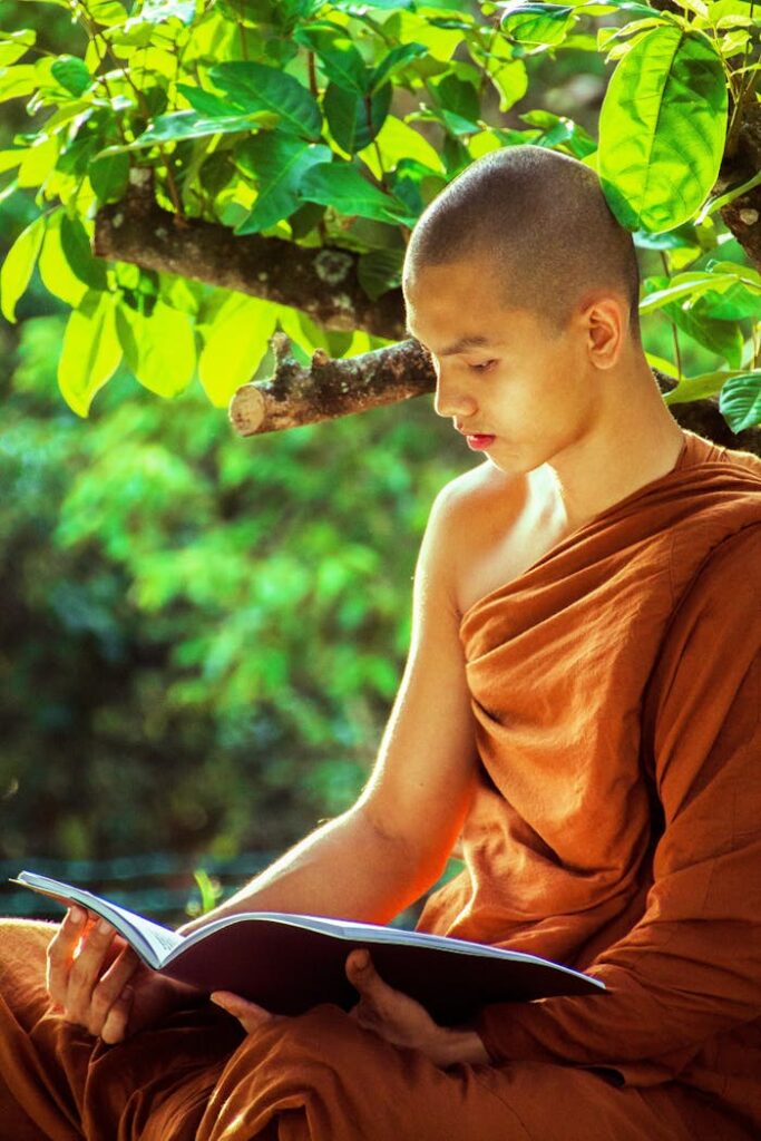 A young Buddhist monk reads a book outdoors under a tree, symbolizing spirituality and tranquility.