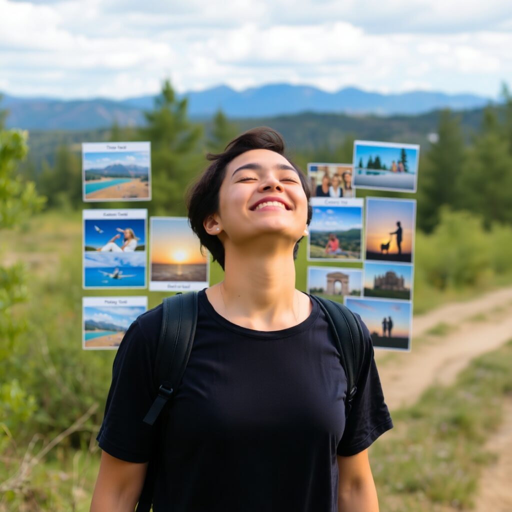 A vision board filled with pictures representing different dreams—travel, career goals, family, and personal growth.